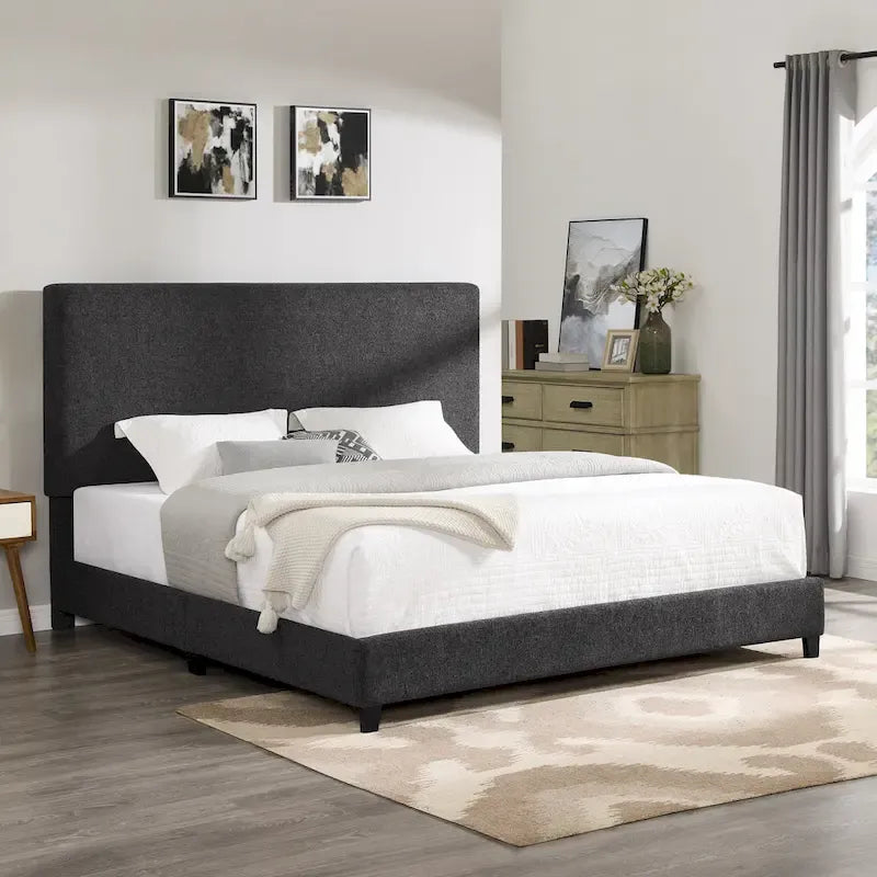 Letto a piattaforma con pannelli imbottiti alti in grigio scuro