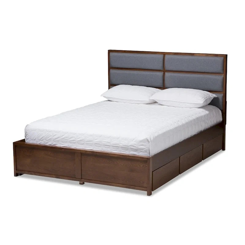 Letto contenitore contemporaneo in tessuto grigio e legno di noce