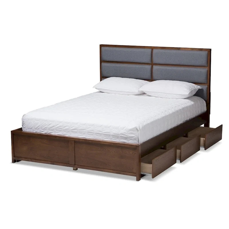 Letto contenitore contemporaneo in tessuto grigio e legno di noce