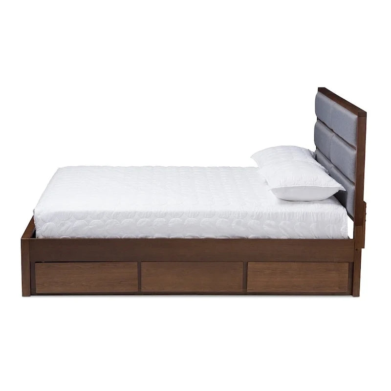 Letto contenitore contemporaneo in tessuto grigio e legno di noce