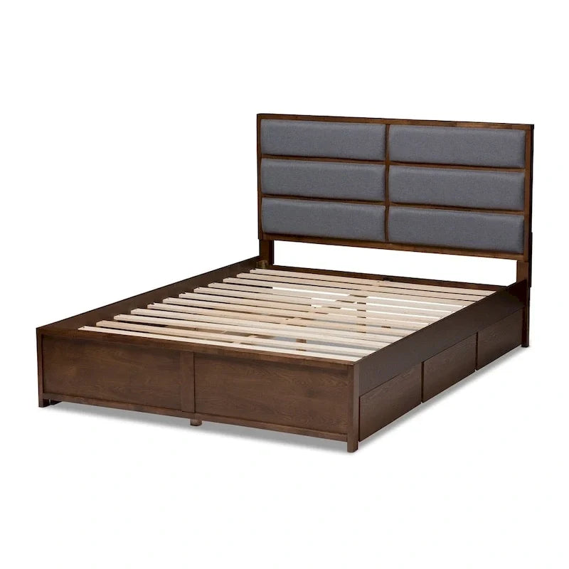 Letto contenitore contemporaneo in tessuto grigio e legno di noce