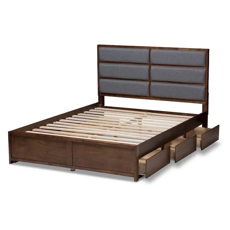 Letto contenitore contemporaneo in tessuto grigio e legno di noce