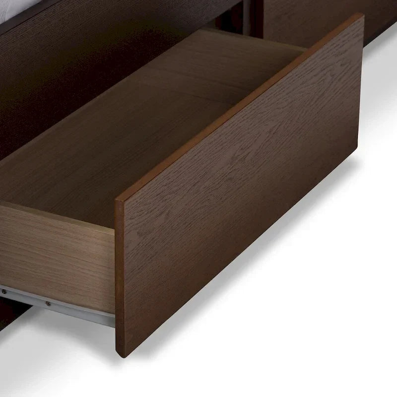 Letto contenitore contemporaneo in tessuto grigio e legno di noce