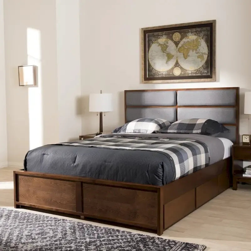 Letto contenitore contemporaneo in tessuto grigio e legno di noce