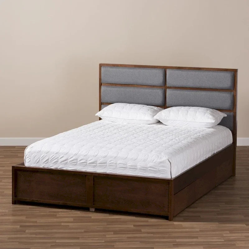 Letto contenitore contemporaneo in tessuto grigio e legno di noce