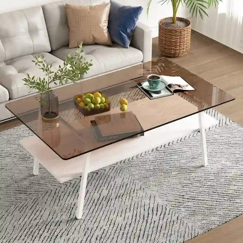 Rectangle Coffee Table,Tempered Glass Tabletop with Metal Legs,Modern Table for Living Room,Glass