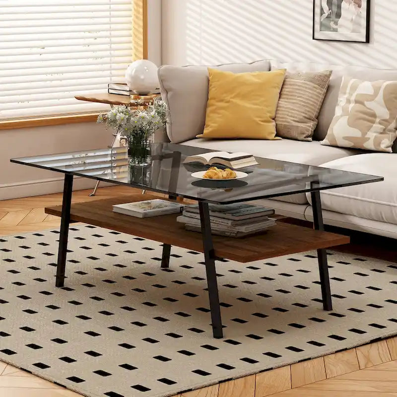 Rectangle Coffee Table,Tempered Glass Tabletop with Metal Legs,Modern Table for Living Room,Glass