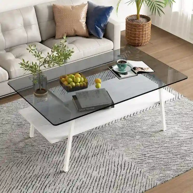 Rectangle Coffee Table,Tempered Glass Tabletop with Metal Legs,Modern Table for Living Room,Glass