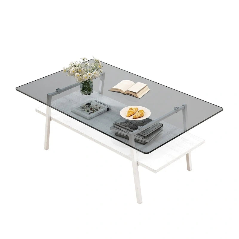 Rectangle Coffee Table,Tempered Glass Tabletop with Metal Legs,Modern Table for Living Room,Glass