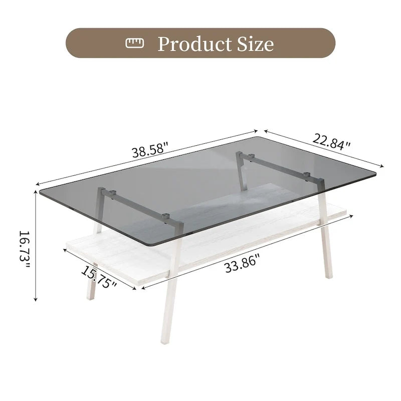 Rectangle Coffee Table,Tempered Glass Tabletop with Metal Legs,Modern Table for Living Room,Glass