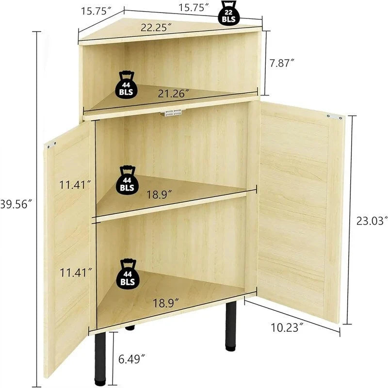 Narożna szafka stojąca z 4 półkami, drzwiczkami i rattanowymi półkami, do przechowywania alkoholi - 22.25D x 15.75W x 39.56H