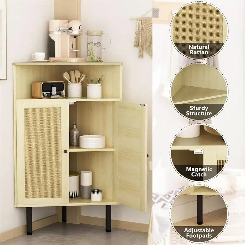 Narożna szafka stojąca z 4 półkami, drzwiczkami i rattanowymi półkami, do przechowywania alkoholi - 22.25D x 15.75W x 39.56H