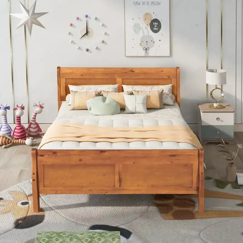 Letto a piattaforma in legno con testiera e supporto a doghe in legno