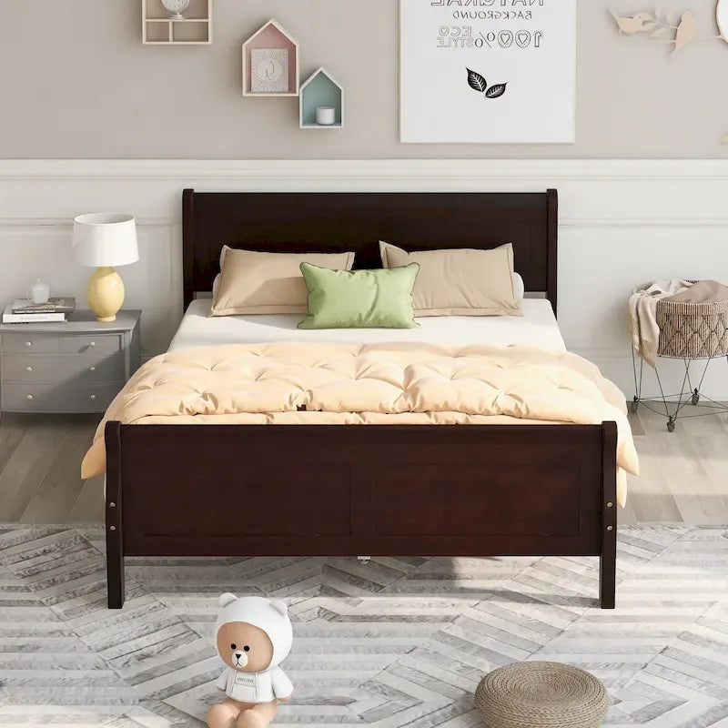 Letto a piattaforma in legno con testiera e supporto a doghe in legno