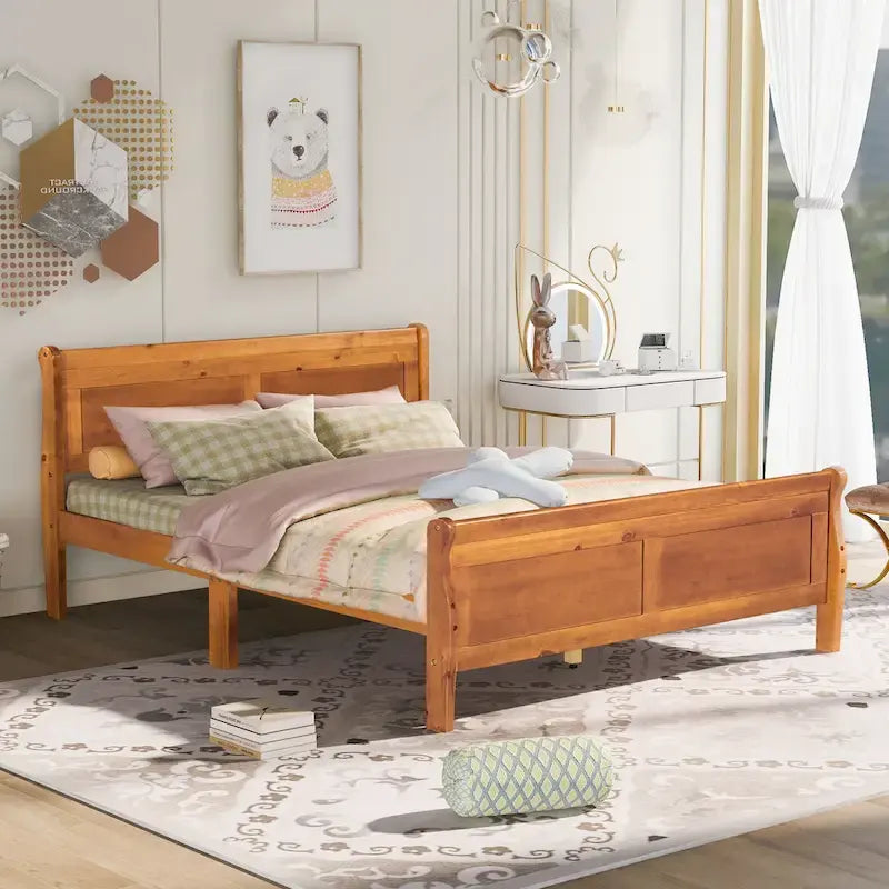 Letto a piattaforma in legno con testiera e supporto a doghe in legno