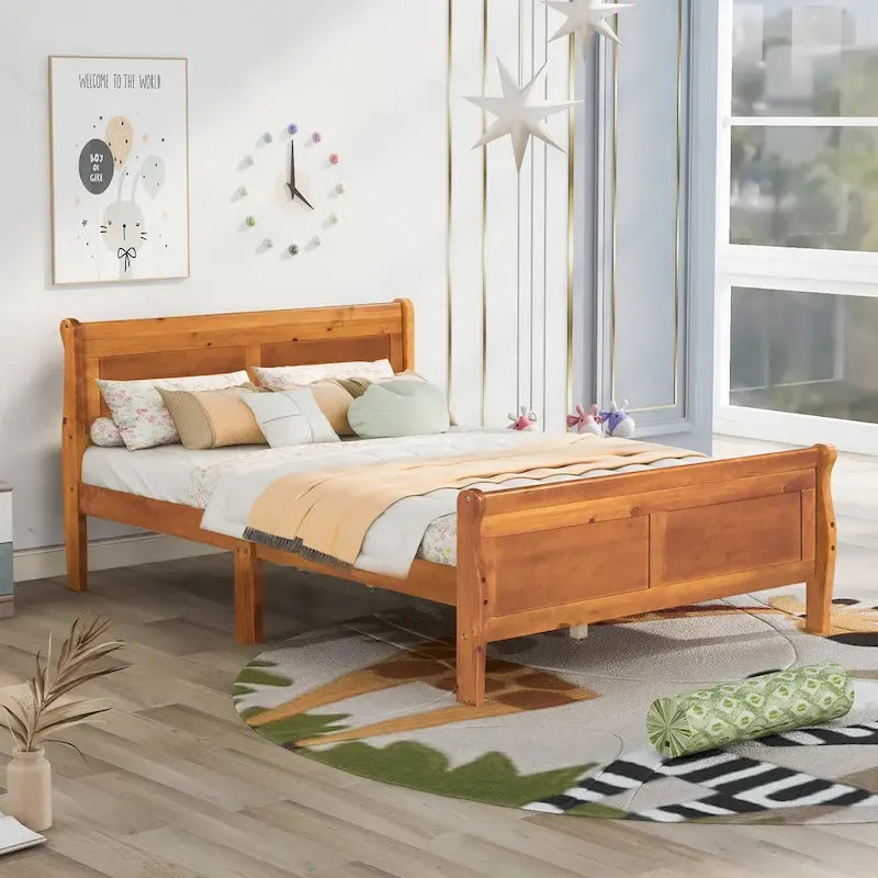 Letto a piattaforma in legno con testiera e supporto a doghe in legno